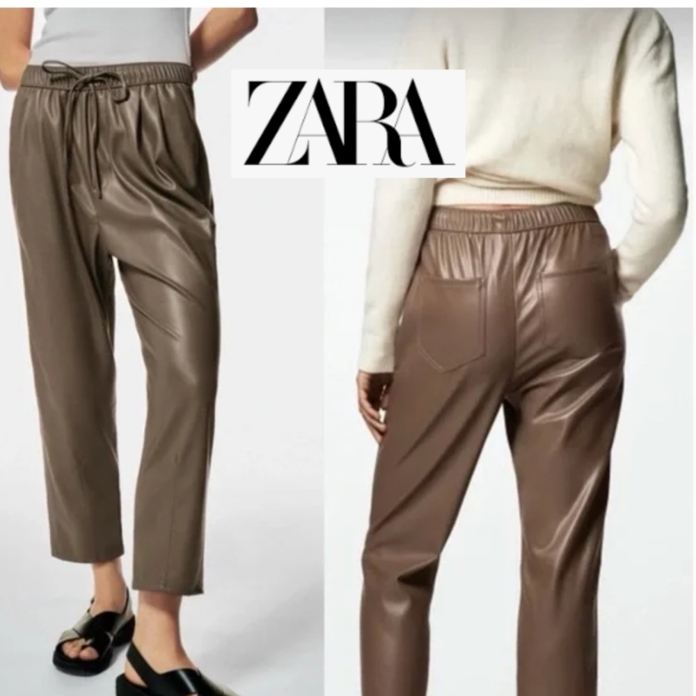 Zara The Weekend taupe Faux leather Mid Rise ankle pant, L, PG1434